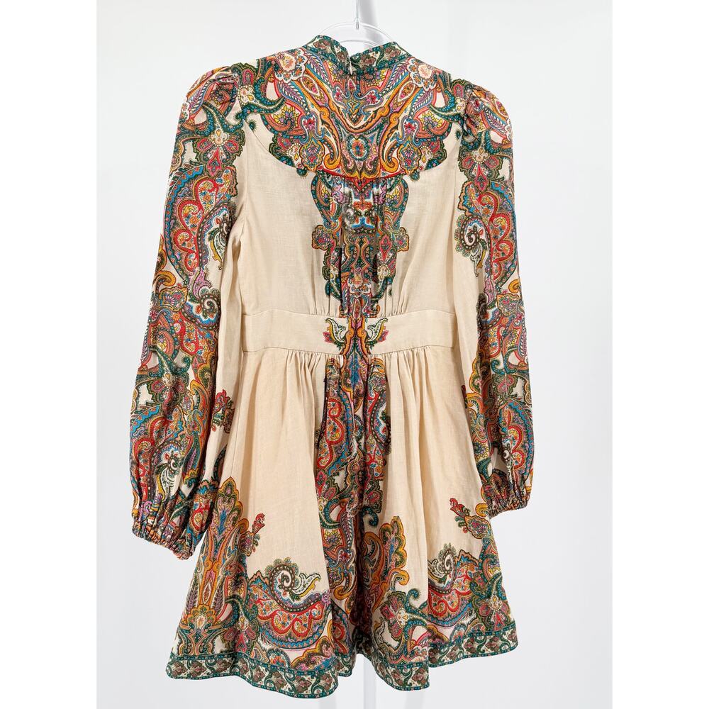 Zimmermann Ottie Plunge Mini Dress Multicolor Paisley Linen Floral Logo XS 0 - Picture 8 of 12